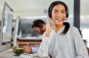 Image showing Business woman, crm and happy portrait at a call center company with phone consultation and smile. Telemarketing, consulting and customer service with contact us work of employee with internet help