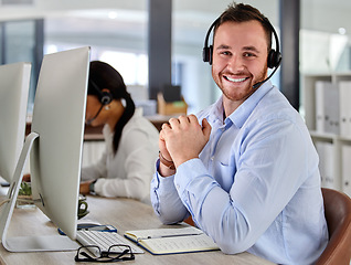 Image showing Business man, crm and portrait at a call center company with phone consultation and smile. Telemarketing, web consulting and customer service with contact us work of male employee with internet help