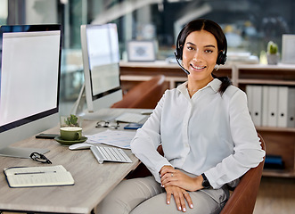 Image showing Business woman, contact us and portrait at a call center company with phone consultation and smile. Telemarketing, web consulting and customer service with crm work of employee with internet help