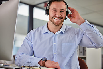 Image showing Business man, crm and sales portrait at a call center company with phone consultation and smile. Telemarketing, web consulting and customer service with contact us work of male employee with help