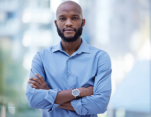 Image showing Black man, business executive and portrait with company vision and arms crossed in office. Leadership, boss and African male person with corporate confidence and professional ready for ceo work