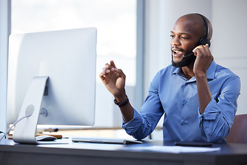 Image showing Black man, call center and phone consultation with web support and customer service in office. Computer help, contact us and telemarketing job of a African male employee with communication at work