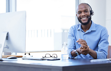 Image showing Black man, call center portrait and phone consultation with web support and mockup in office. Computer help, contact us and telemarketing job of a African male employee with communication at work