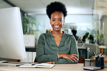 Image showing Portrait of confident black woman at desk with smile, computer and African entrepreneur with pride. Happy face of businesswoman in office, small business startup and receptionist at management agency