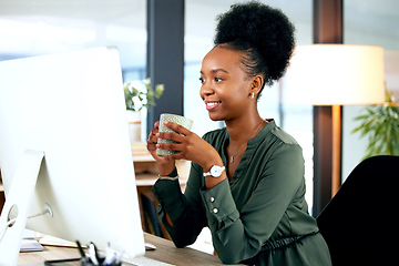 Image showing Black woman at desk with smile, computer and coffee cup, African receptionist reading email or report online. Happy businesswoman in office, small business startup and hot drink at management agency.