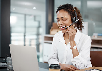 Image showing Call center, telemarketing and woman with a smile, help and advice with customer service, laptop or talking. Female person, consultant or agent with a headset, tech support or consulting in an office