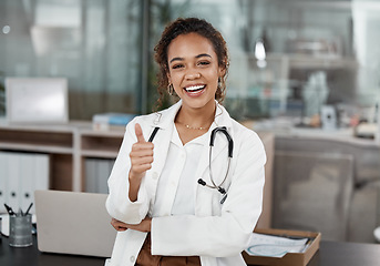 Image showing Doctor, woman and thumbs up portrait with motivation and hospital success at clinic. Thank you, medical and healthcare professional with a smile from agreement, emoji and yes hand sign from wellness