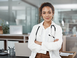 Image showing Woman in portrait, doctor with arms crossed, medicine and healthcare cardiovascular surgeon at hospital. Happy female medical professional, health insurance and confidence with cardiology at clinic