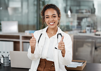 Image showing Doctor, woman and thumbs up portrait with healthcare and hospital success at clinic. Thank you, medical and professional with a smile from agreement, emoji and yes motivation hand sign from wellness