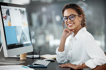 Image showing Woman smile at desk, computer screen with web design, portrait and website layout at digital marketing agency. Focus, happy female creative and working with technology, SEO and research at startup