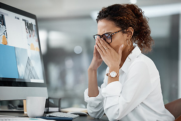 Image showing Business woman with headache, stress and tired with pain, mental health and professional crisis at office. Problem in workplace, mistake and female employee is frustrated with migraine and burnout