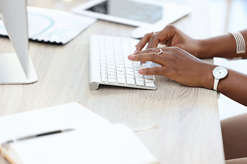 Image showing Computer, keyboard and business woman hands typing, copywriting and research for newsletter, blog or article. Writer, editor or person working, editing or planning online, website management and desk