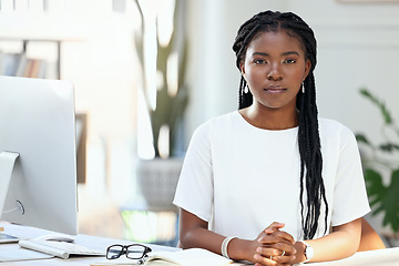Image showing Portrait, employee and black woman with business, serious and professional with success, computer and office. Face, female person and confident consultant with a career, workplace and startup company