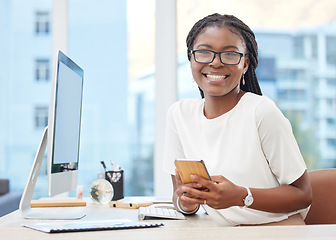 Image showing Phone, happy and portrait of business woman in office online for social media, internet and networking. Professional, corporate and female person on smartphone for website, mobile app and contact