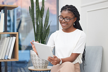 Image showing Tablet, happy and business black woman in office online for social media, internet and networking. Professional, corporate and female person on digital technology for website, research and contact