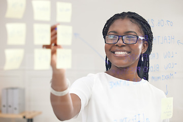 Image showing Writing, happy and black woman with happiness at board planning a business analyst project. African female person, portrait and professional with staff notes and moodboard working on company data