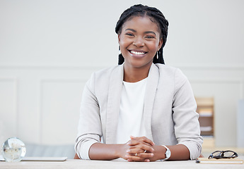 Image showing Black woman, smile and business portrait at desk for corporate career, pride or happiness. Face of professional african female entrepreneur or CEO with success mindset, development and startup growth