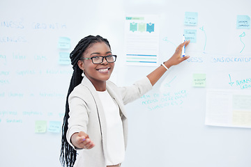 Image showing Portrait, brainstorming and black woman with ideas, planning and creative with development, growth and smile. Face, female person and employee writing, presentation and professional with analysis