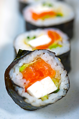 Image showing fresh sushi choice combination assortment selection