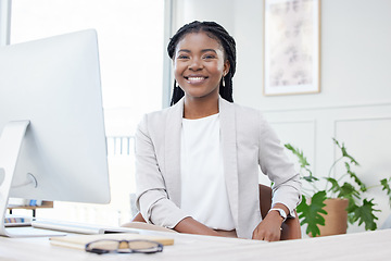 Image showing Business, smile and portrait of black woman at desk for corporate career, pride or happiness. Face of professional african female entrepreneur or CEO with success mindset, development and growth