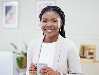 Image showing Black woman, face and business smile with coffee in office for corporate career. Portrait of professional african female entrepreneur or CEO with tea cup, success mindset or startup growth motivation