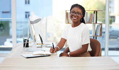 Image showing Portrait, business and black woman writing, planning and ideas for project, professional and development. Face, female person and employee with a schedule, office and journal with happiness and goals