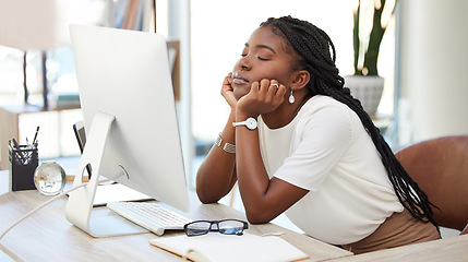 Image showing Burnout, sleeping and business with black woman in office for tired, overworked and stress. Mental health, fatigue and exhausted with female employee napping at desk for depressed, bored and relax