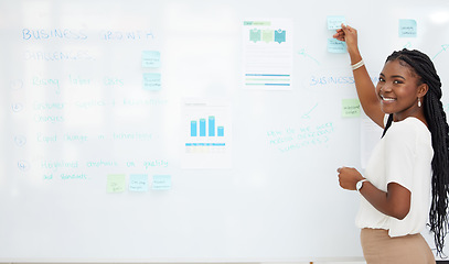 Image showing Whiteboard, portrait and woman presentation, planning and financial management, solution or data analysis. Brainstorming, business growth and african person with sticky notes, ideas and chart results