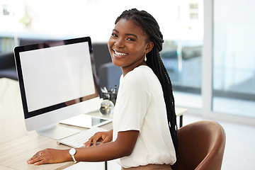 Image showing Portrait, computer screen and business woman in startup career, creative mindset or planning in office. Happy face of african person for internship opportunity or marketing agency in desktop mockup