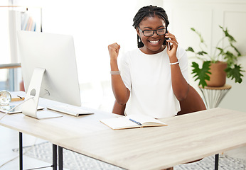 Image showing Phone call, fist pump and winner with black woman in office for goal, celebration and bonus. Promotion, achievement and target with excited female employee for communication, networking and contact