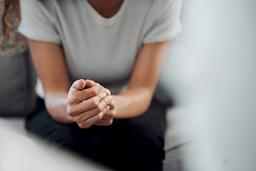 Image showing Hands, psychology and mental health with a woman in a therapy session for grief counseling after loss. Anxiety, stress or depression with a female patient feeling nervous in a clinic for support