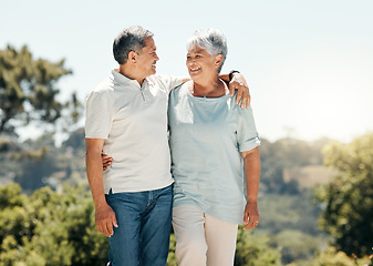 Image showing Hug, senior couple and smile in nature on vacation, holiday or summer bonding. Love, hugging and retirement of man and woman with happiness and enjoying quality time together on romantic date mockup.