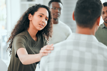 Image showing Counseling, woman with hand on man shoulder for comfort and in support center with members. Mental health or depression, group therapy or rehabilitation and people sitting together for recovery