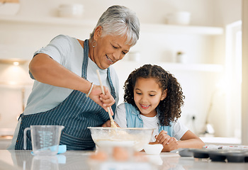 Image showing Grandmother, cooking or child baking in kitchen as a happy family with young girl learning cookies recipe. Mixing cake flour, development or grandma smiling, helping or teaching kid to bake at home