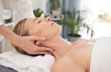 Image showing Relax, spa and woman with a massage, wellness and pamper treatment with grooming, stress relief or self care. Female person, mature lady or customer with luxury, resort or peace with physical therapy