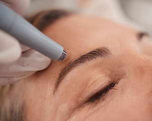 Image showing Microblading, eyebrow and woman for beauty, skincare and cosmetics with collagen treatment or wellness. Customer, people or dermatology worker hands with microneedling, hair or face permanent makeup