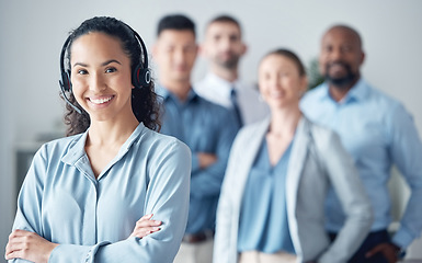 Image showing Woman, callcenter and contact us, smile in portrait with leadership and communication, headset and mockup space. Customer service, CRM and help desk with happy female consultant and team leader