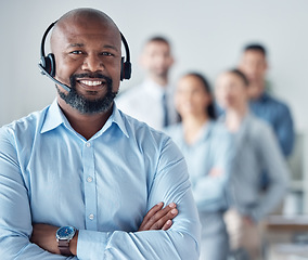 Image showing Black man, arms crossed with callcenter and customer service, smile in portrait with leadership and communication. Contact us, CRM and help desk, happy male agent and team leader with mockup space