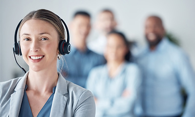 Image showing Woman, callcenter and customer service, smile in portrait with leadership and communication, headset and mockup space. Contact us, CRM and help desk with happy female consultant and team leader