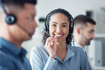 Image showing Happy woman in portrait, callcenter and headset with CRM, communication with technology and contact us. Customer service, telemarketing or tech support, female consultant with smile and help desk