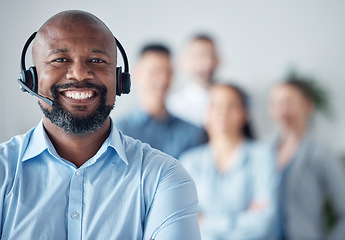 Image showing Black man, callcenter and customer service, smile in portrait with leadership and communication, headset and mockup space. Contact us, CRM and help desk with happy male consultant and team leader