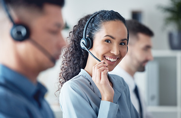 Image showing Woman, callcenter and headset, smile in portrait and CRM, communication with technology and contact us. Customer service, telemarketing or tech support with happy female consultant and help desk