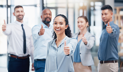 Image showing Smile, group of business people in portrait with thumbs up and pride at human resources company. Teamwork, commitment and vision for happy hr team with woman boss in coworking start up with agreement