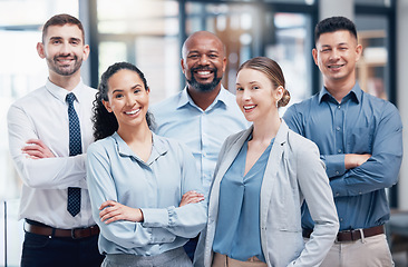 Image showing Portrait, group and business people with collaboration, teamwork and project with happiness. Face, coworkers and men with women, diversity and solidarity with executive team, arms crossed and smile