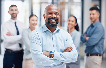 Image showing Smile, business people in portrait with black man and confidence at project management company. Teamwork, commitment and vision, happy team with manager and arms crossed in corporate startup office.