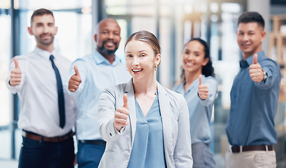 Image showing Thumbs up, business people in portrait with woman boss at startup with confidence and pride at law firm. Teamwork, commitment and vision for happy legal team with yes hand sign in startup office.