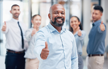 Image showing Thumbs up, business people in portrait with team leader and confidence at project management company. Teamwork, pride and vision, happy team with manager and yes hand sign at winner startup office.