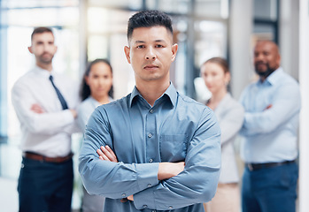 Image showing Leadership, business people in portrait arms crossed at startup with confidence and pride at management company. Teamwork, commitment and vision for confident team with support and leader in office.