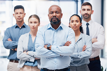 Image showing Diversity, group of business people in portrait with arms crossed at startup with confidence and pride. Teamwork, commitment and vision for confident lawyer team with winning mindset in legal office.