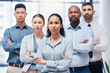 Image showing Confident group of business people in portrait with arms crossed, confidence and pride at HR company. Teamwork, commitment and diversity, vision team with woman leadership in human resources office.